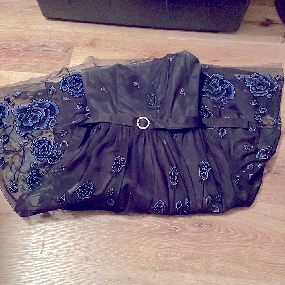 Vintage 90s Y2k black strapless prom dress blue roses goth dance 50’s retro SZ S - Picture 4 of 8